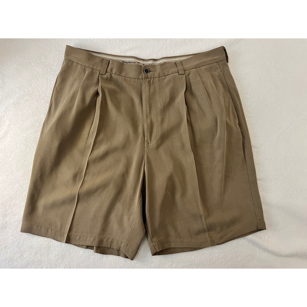 Tommy Bahama Relax Mens 36 Khaki Tan 100% Silk Pleated Front Casual Shorts